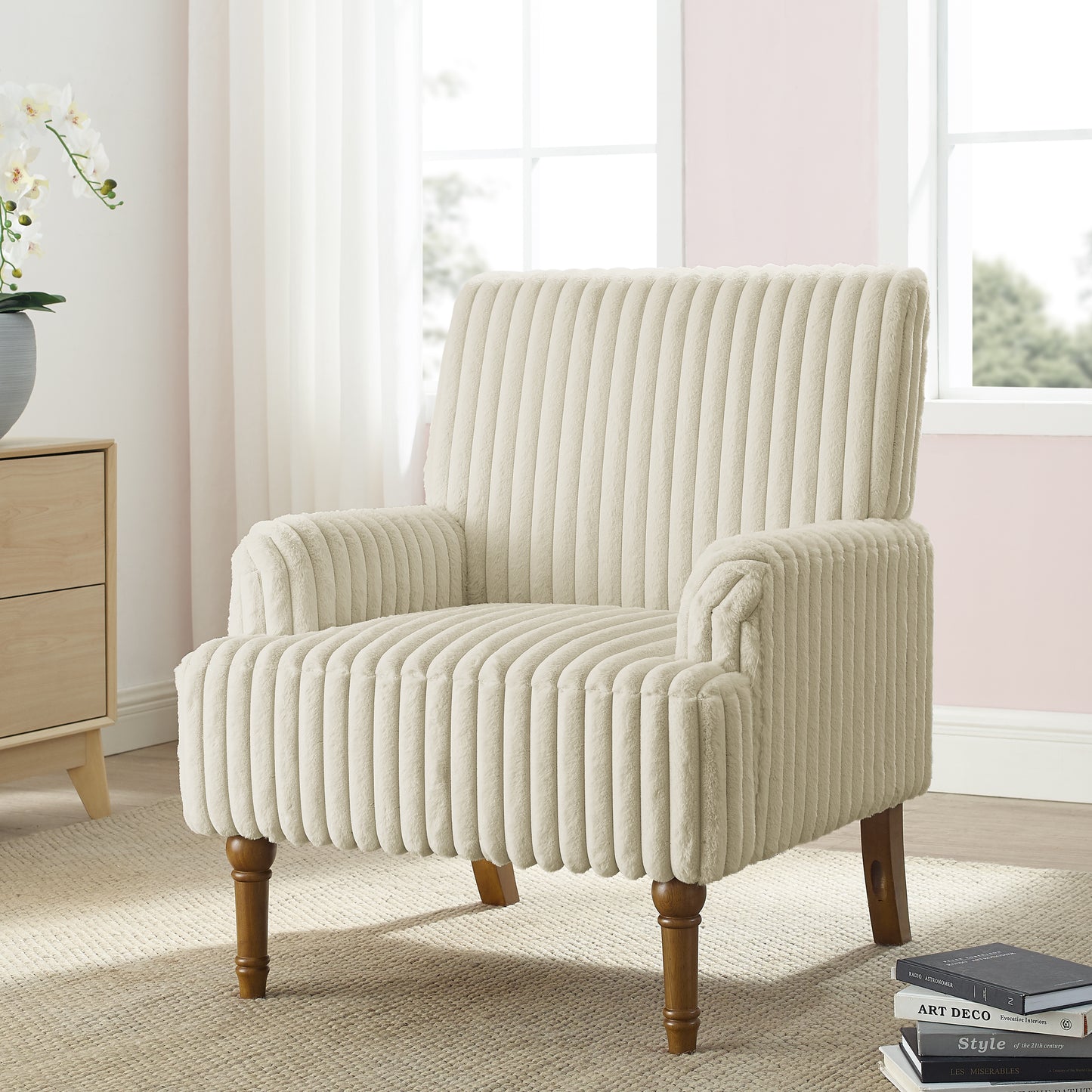 Modern Accent Chair With 2 Wide Wale Corduroy, 9 Solid Wood Legs, Comfortable Upholstered Armchair In Beige For Living Room