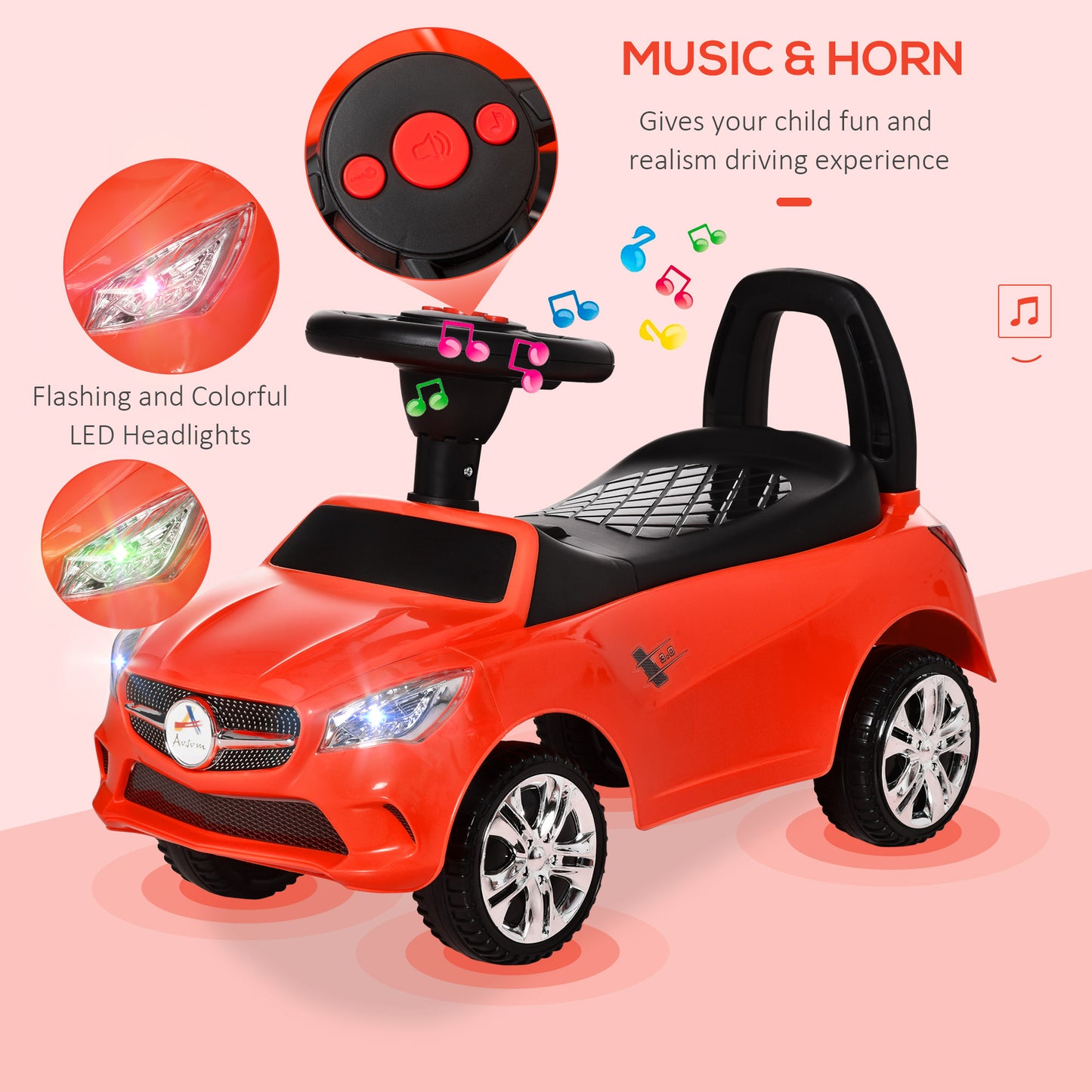 Kids Ride On Push Car, Foot-to-Floor Walking Sliding Toy Car For Toddler With Working Horn, Music, Headlights And Storage, Red