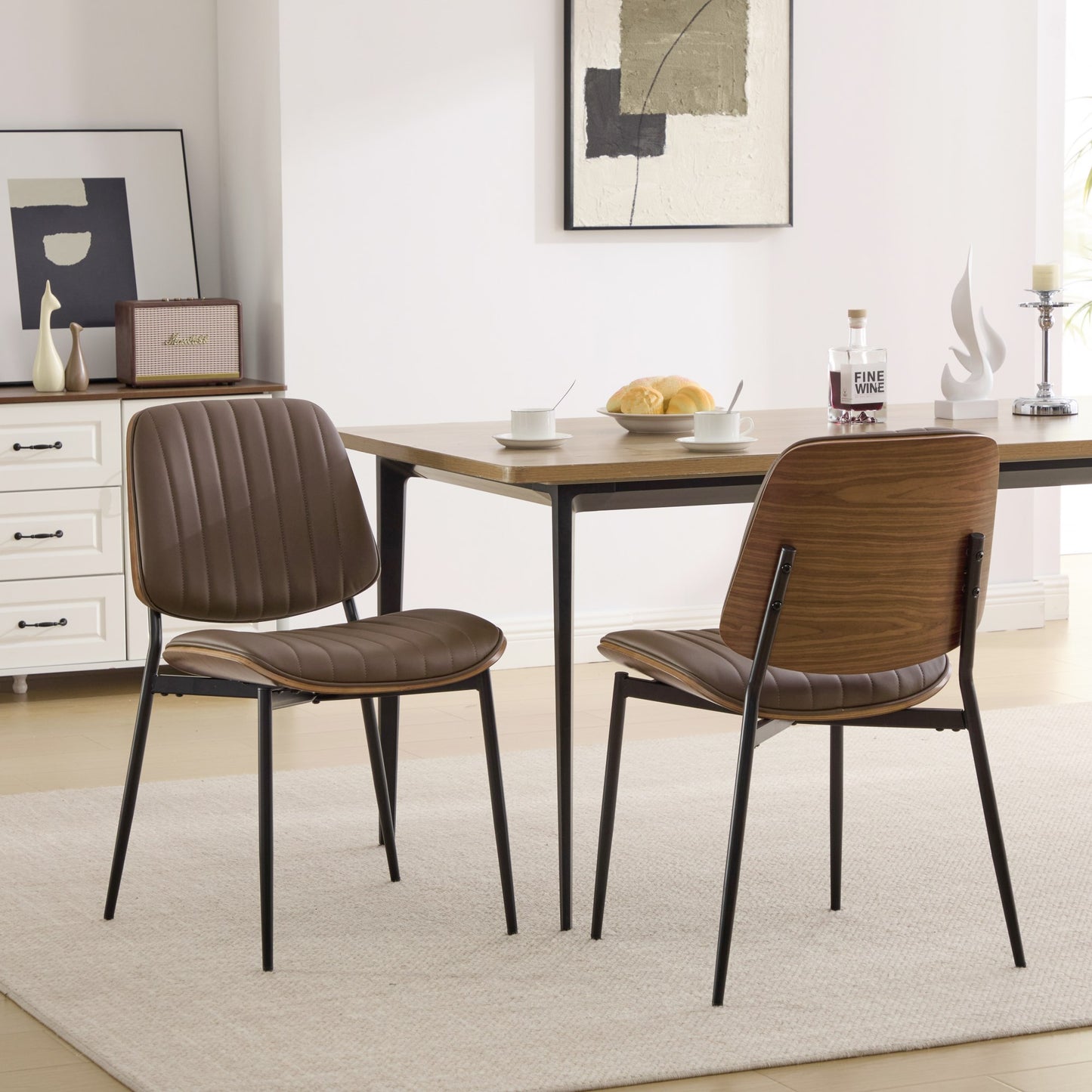 Dining Chairs Set Of 2 Mid Century Modern Retro Faux Leather Chair With Walnut Bentwood Back Upholstered Seat Metal Legs Adjustable Foot For Kitchen Dining Room Chairs Brown PU,SW1849BR