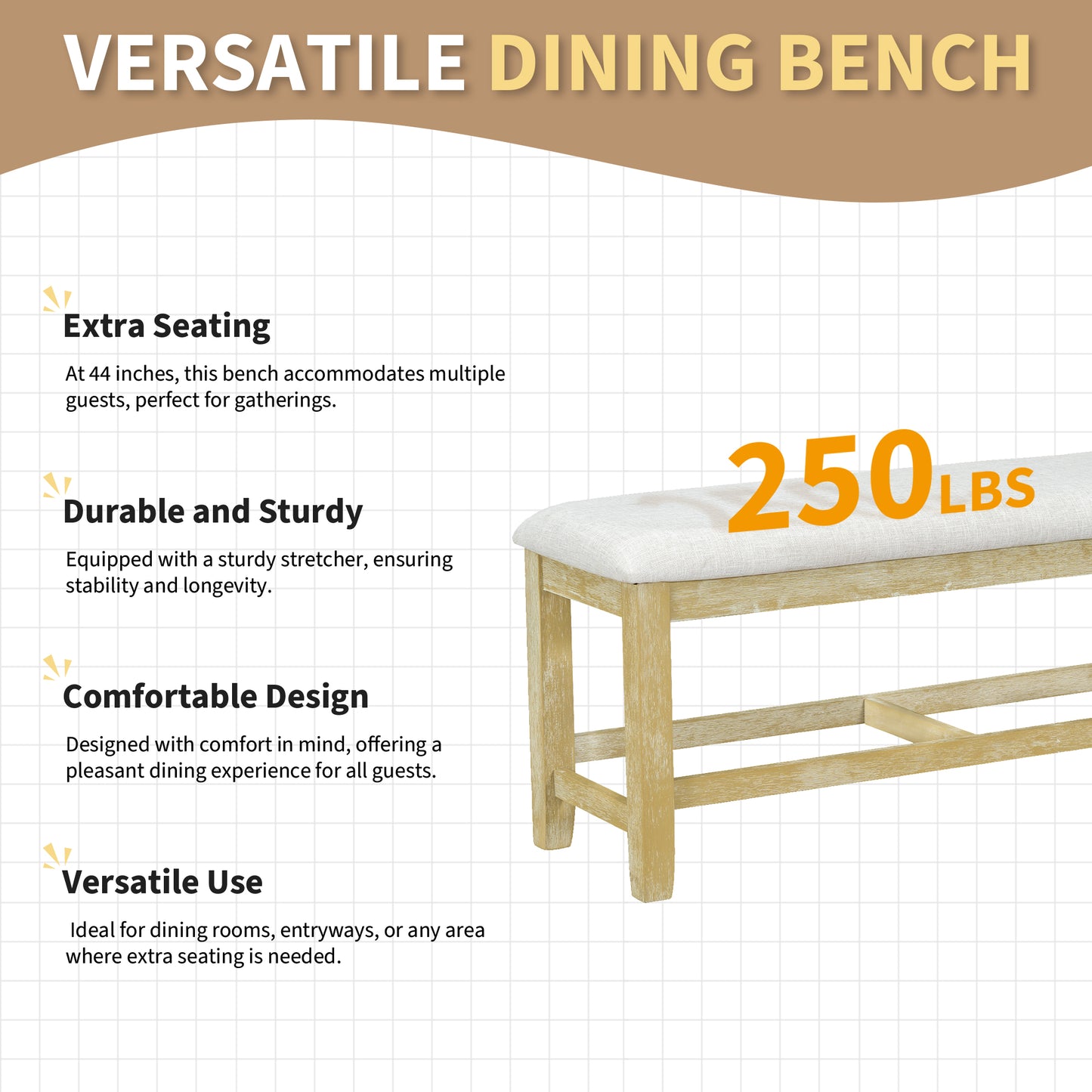 TOPMAX Farmhouse 6-Piece 60inch Extendable Pedestal Dining Table Set With 18inch Removable Leaf, 44inch Bench And 4 Ladder Back Dining Chairs, Natural Beige OLD
