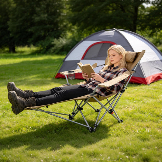 1Pc Reclining Camping Chair With Footrest 4-Position Adjustable Outdoor Folding Chair Heavy Duty Portable Camping Lounge Chair With Headrest Cup Holder & Side Pocket For Outdoor Beach Patio Travel