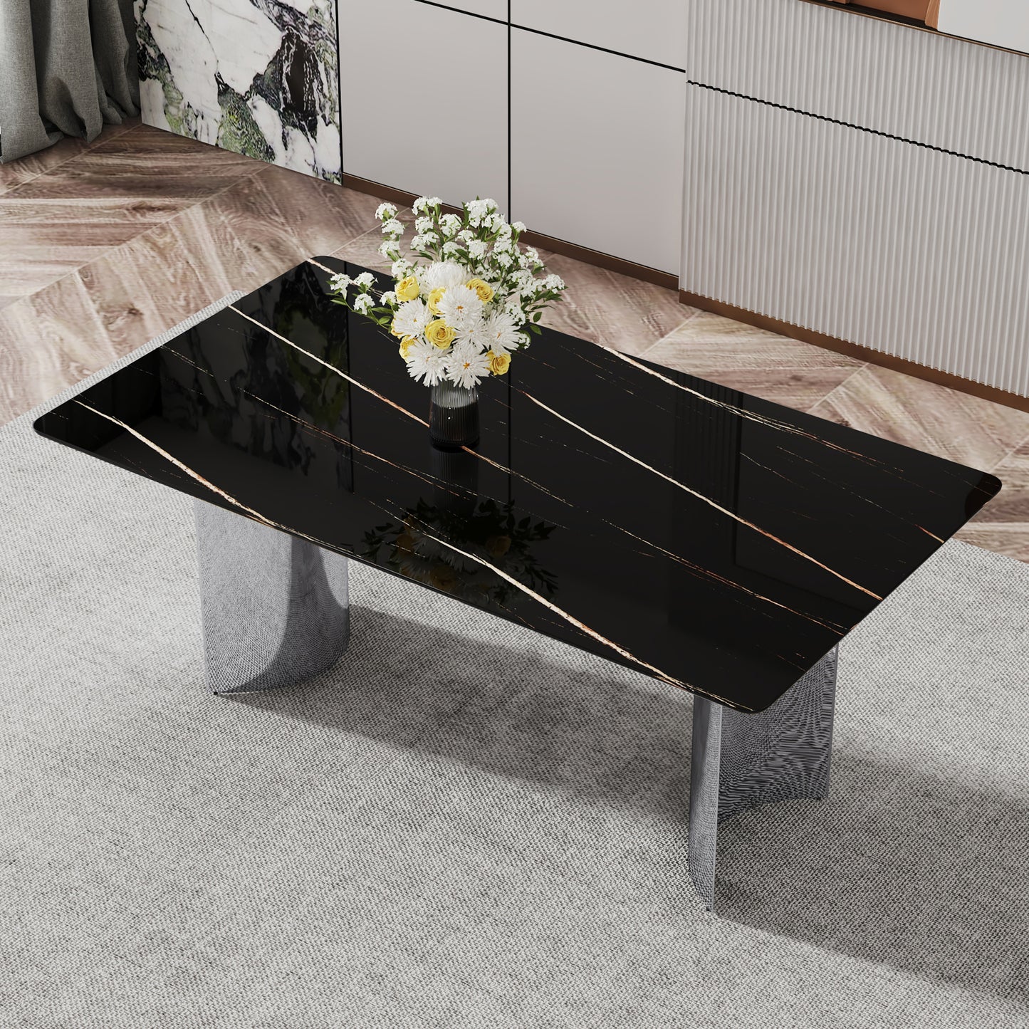 Modern Minimalist Dining Table. The Black Imitation Marble Glass Desktop Is Equipped With Silver Metal Legs. Suitable For Restaurants And Living Rooms 71  X39.3  X29.5  DT-69