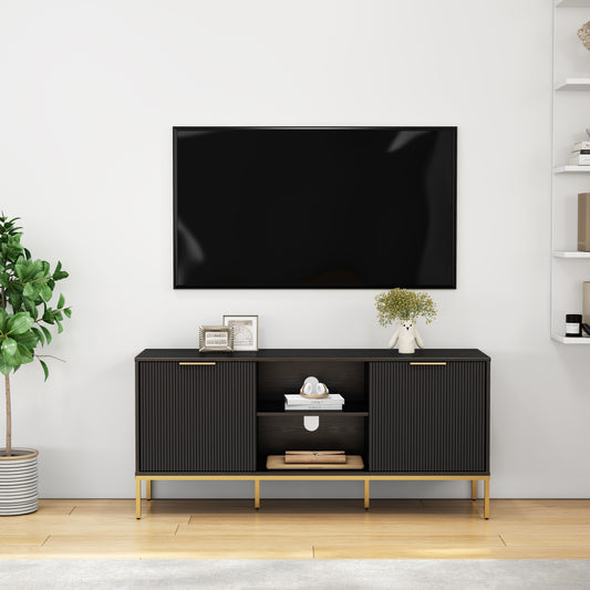 Modern TV Stand With Wave-Design Doors,Golden Legs And Handles ,Soft-Close Hinges,Open Shelf & Adjustable Shelf - Stylish And Functional For Your Living Room,Easy Assemble,Black Gold