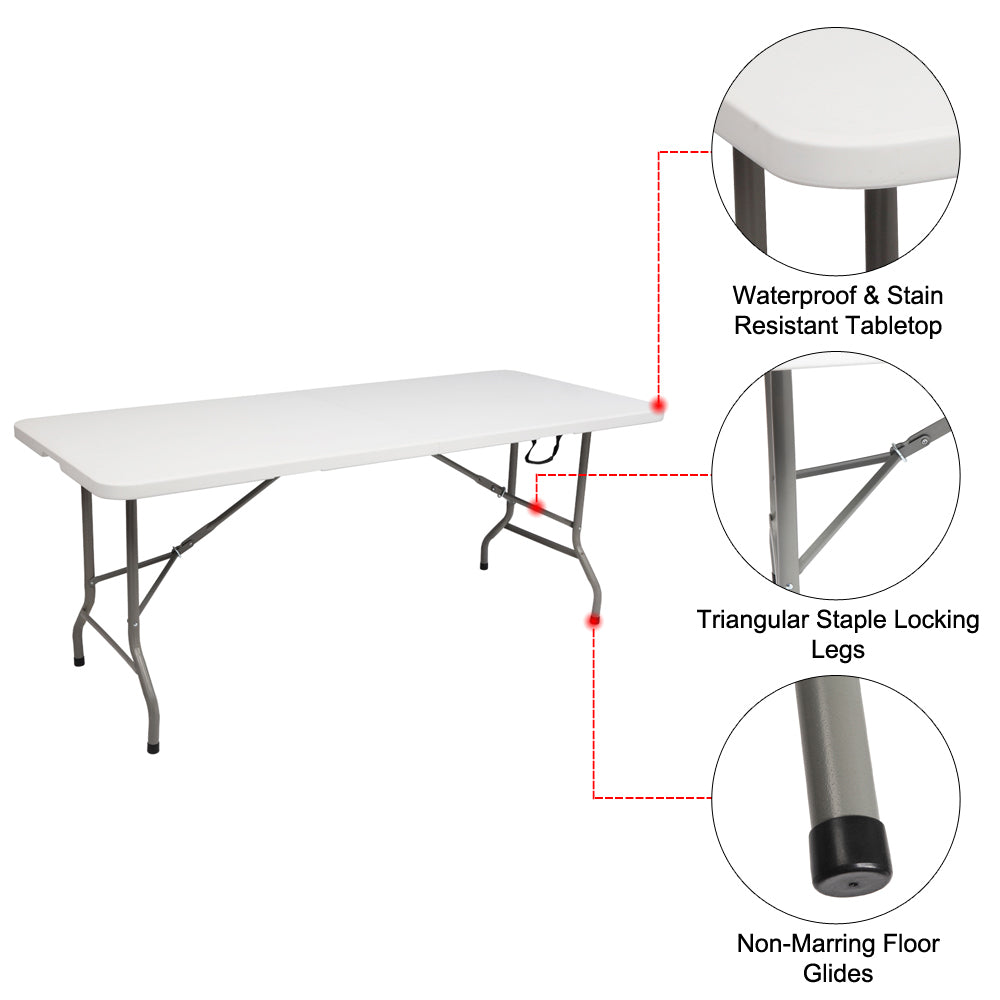 Folding Table 6ft Heavy Duty Portable Table Indoor Outdoor With Parties, Camping & BBQs, Folds In Half For Easy Storage, No Assembly Required