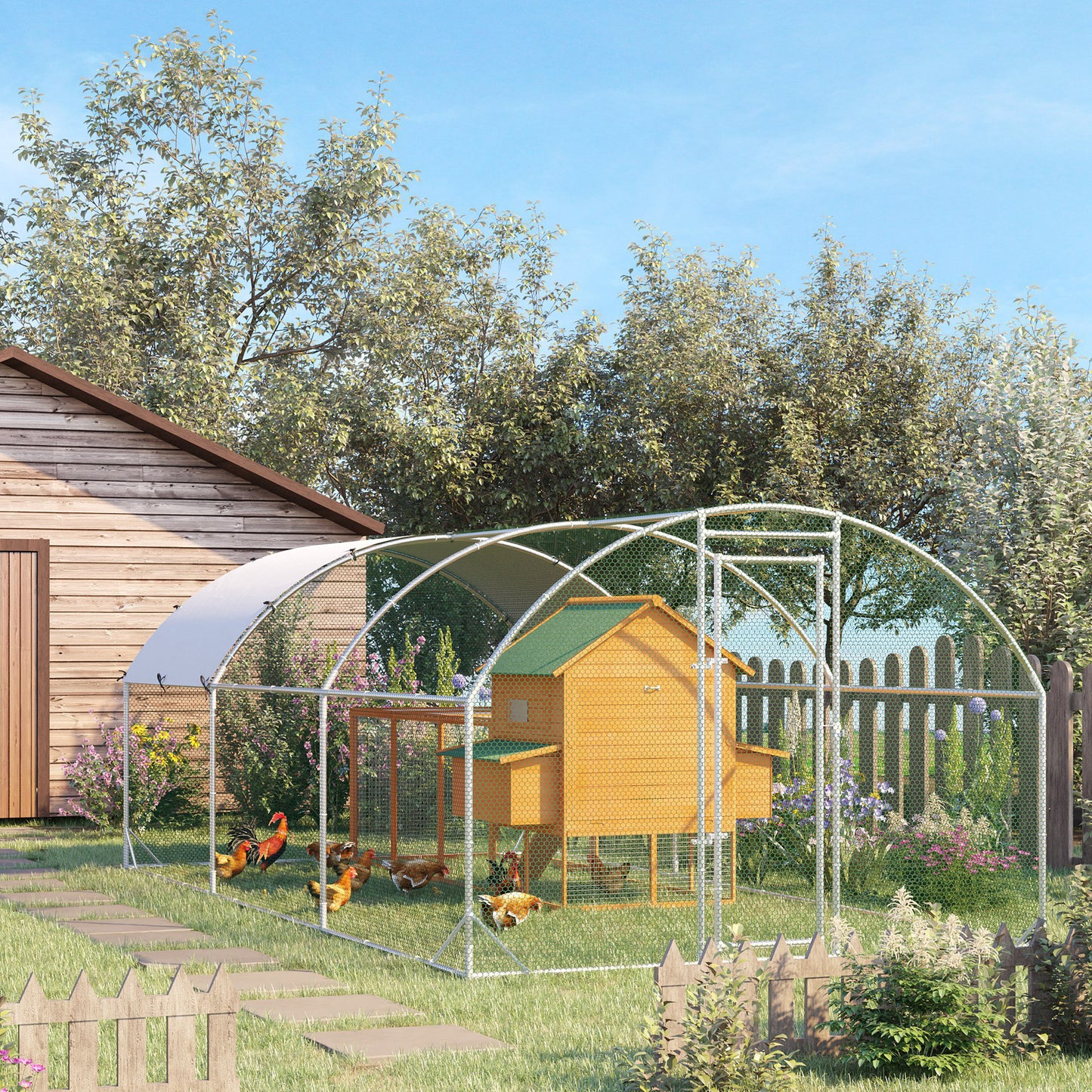 PawHut Large Chicken Coop Metal Chicken Run With Waterproof And Anti-UV Cover, Dome Shaped Walk-in Fence Cage Hen House For Outdoor And Yard Farm Use, 1 Tube Diameter, 9.2X 18.7X 6.5