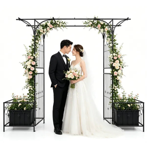 Metal Garden Arbor With Double Lockable Gate, Flat Top Garden Arch With Side Planter Boxes, Powder-Coated Climbing Plant Support