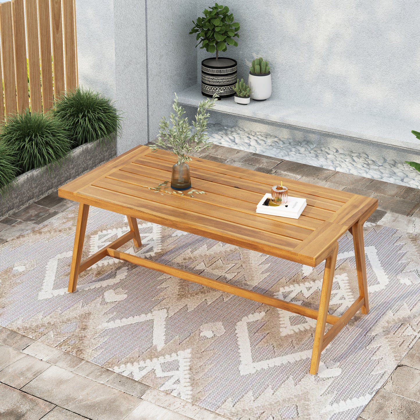 Modern Outdoor Dining Table, Acacia Wood Patio Table With Teak Finish - Weather-Resistant Garden, Poolside Deck Dining Set For 4-6 People