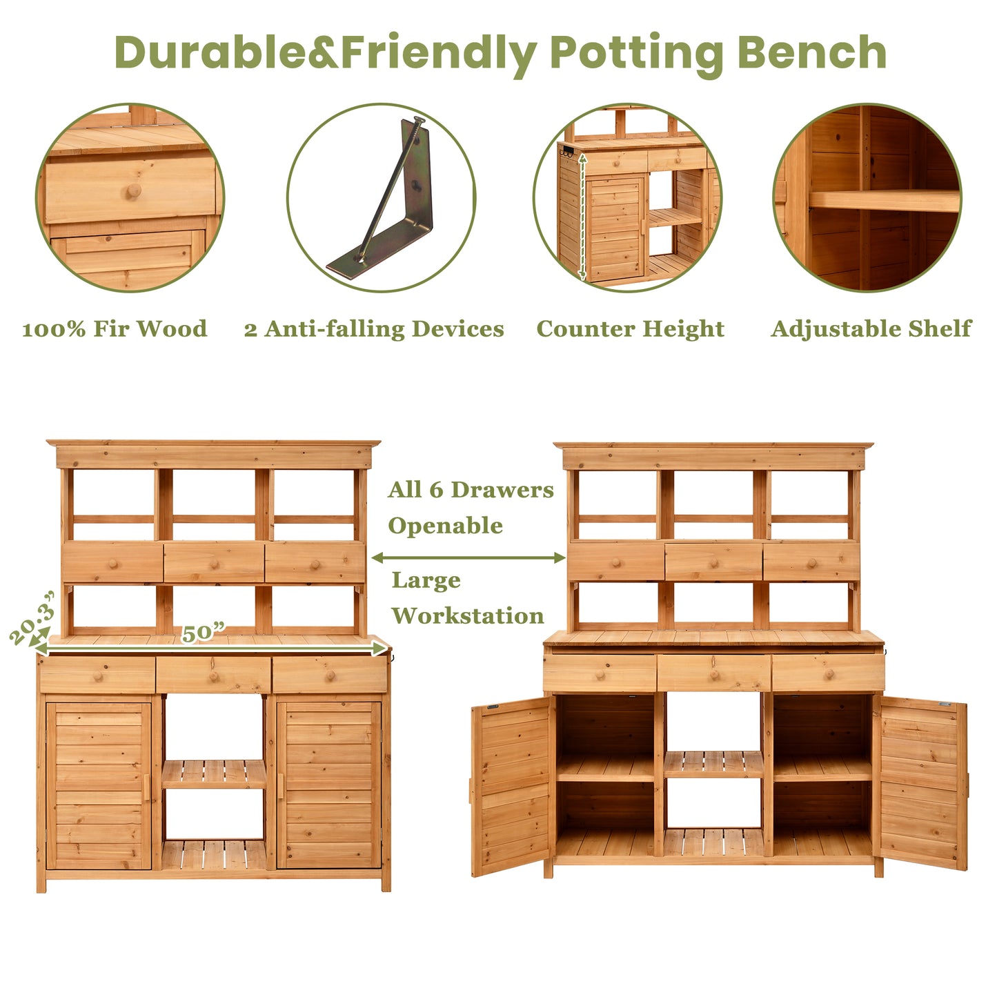 TOPMAx 65.7  H Tall Garden Potting Bench Table With Hutch Patio Storage Workstation With 3 Shelves 6 Drawers 2 Bottom Cabinets&Side Hooks For Mudroom Doorway  Natural