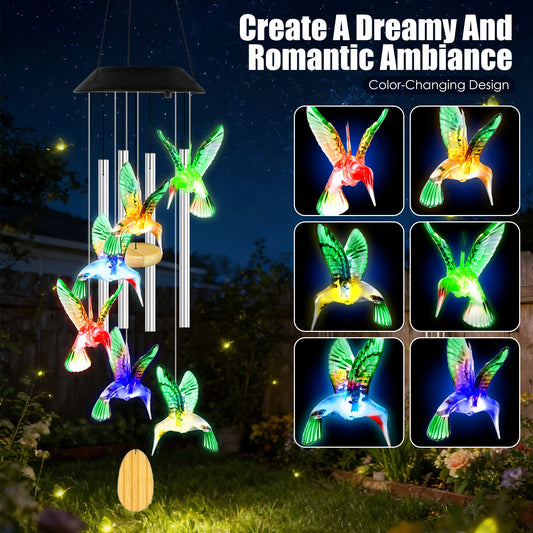 Solar Hummingbird Wind Chime With Aluminum Tubes 7 Color Changing Wind Chime For Outside IPX4 Waterproof Outdoor Garden Yard Decor
