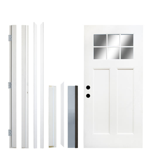 Fiberglass Entry Door, 36 X 80 Door With Brickmould,4-9-16 Vinyl Frame,White Primed, Right Hand Inswing, Front Entry Knock-Down Door, 2-Panel Craftsman, 6-Lite Low-E Glass