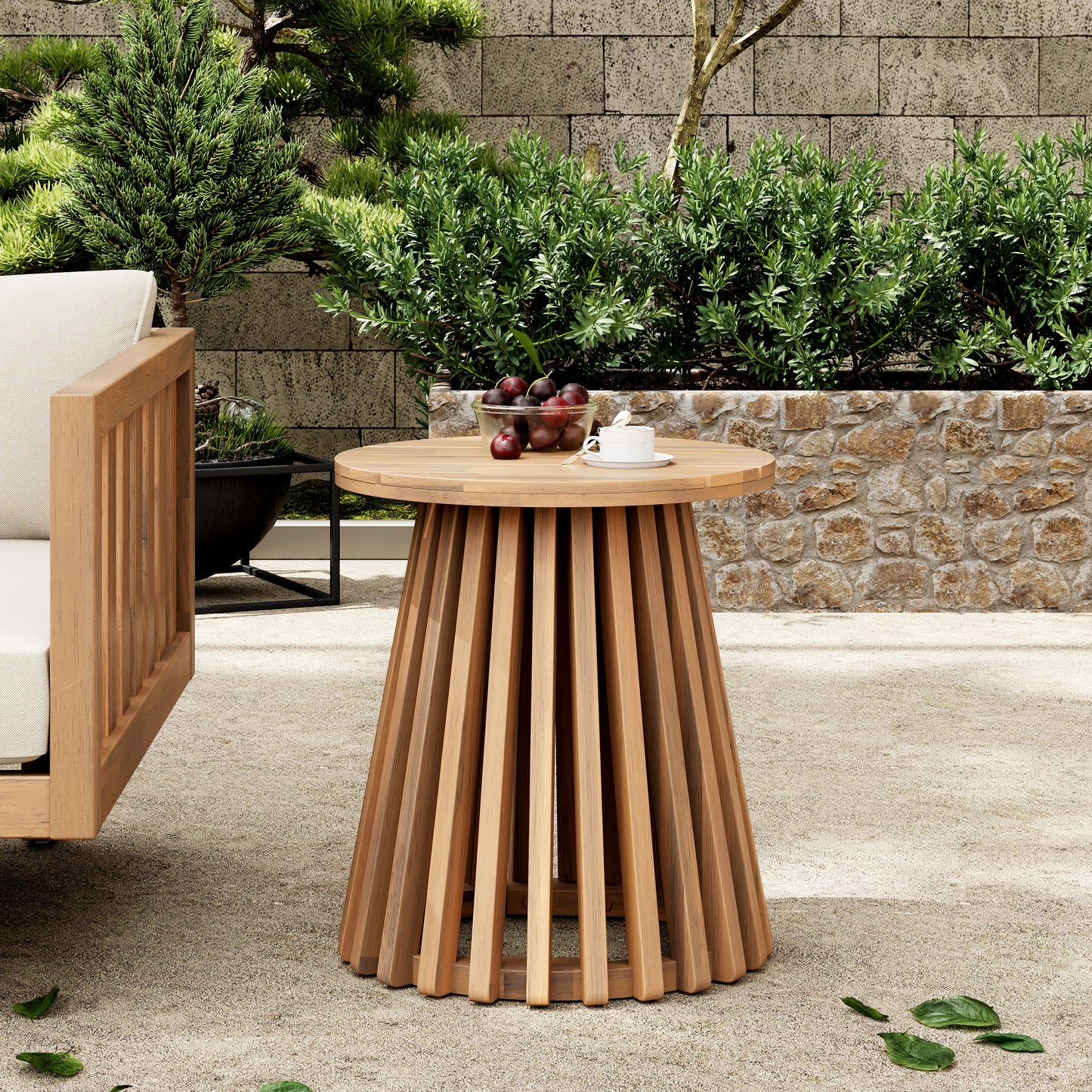Outdoor Acacia Wood Patio Side Table, Round Coffee Table For Backyard, Lawn, Balcony,Light Teak
