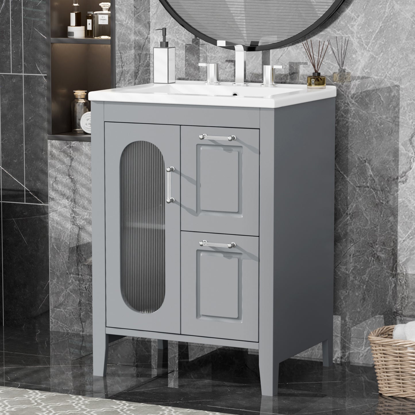 24  Bathroom Vanity With Sink, Bathroom Vanity Cabinet With Two Drawers And Door, Adjustable Shelf, Solid Wood And MDF, Grey