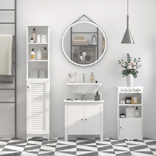 Tall Bathroom Storage Cabinet/Freestanding Linen Tower With 3-Tier Open Adjustable Shelf And Cupboard, White