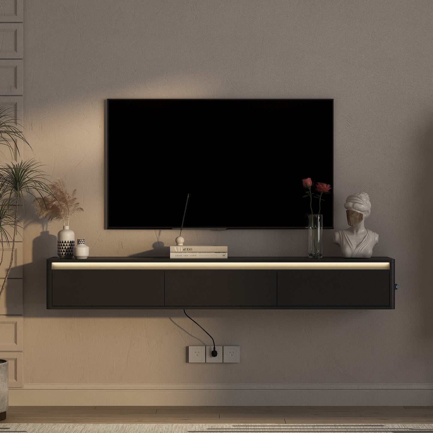 Floating TV Stand, Wall Mounted TV Shelf With Led Lights & Power Outlet,High  TV Cabinet For Black Tv Stands For Living Room