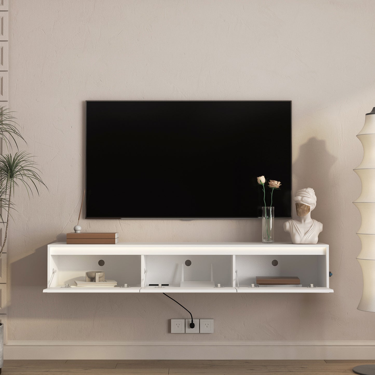 High-gloss Suspended TV Cabinet. Wall Mounted TV Shelf With Led Lights & Power Outlet,H Cabinet For  White Tv Stands For Living Room