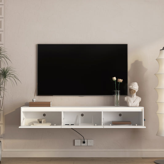High-gloss Suspended TV Cabinet. Wall Mounted TV Shelf With Led Lights & Power Outlet,H Cabinet For  White Tv Stands For Living Room