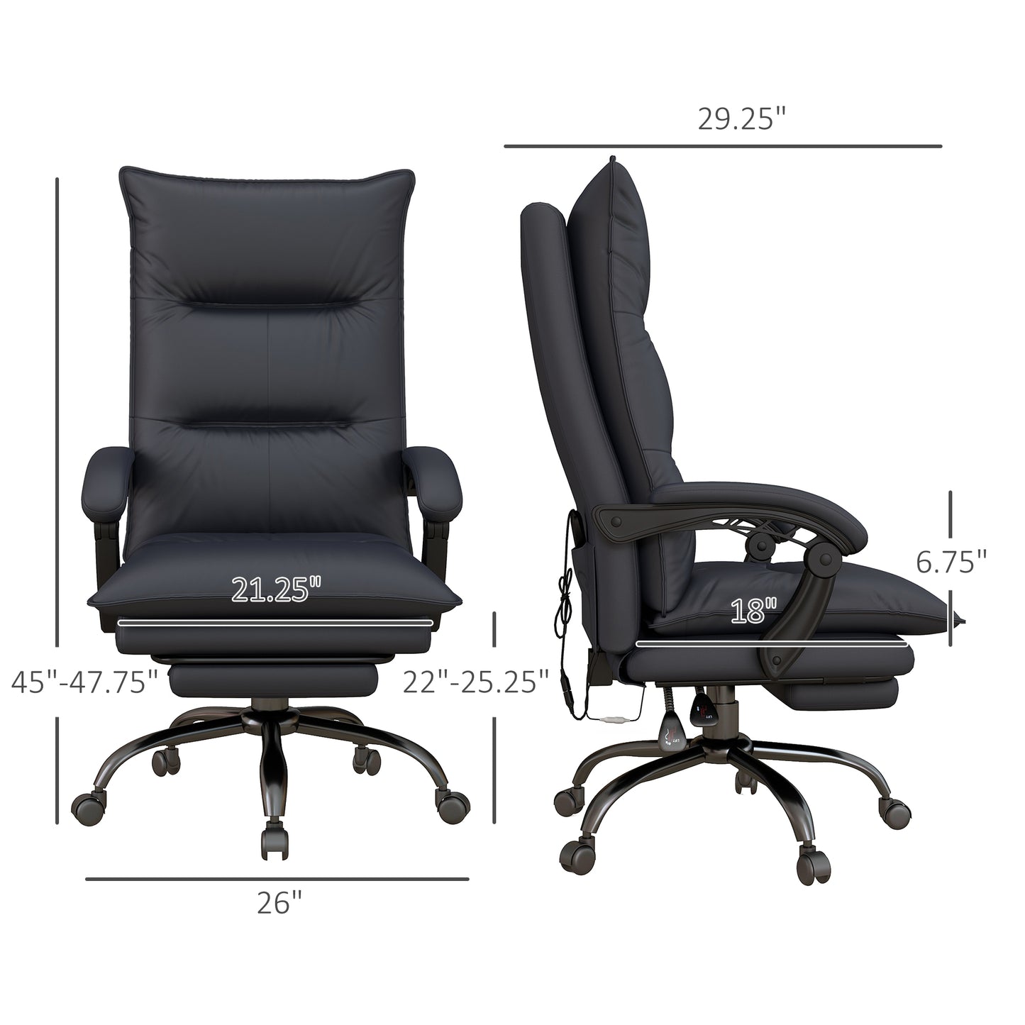 Executive Massage Office Chair With 6 Vibration Points, Microfiber Computer Desk Chair, Heated Reclining Chair With Footrest, Armrest, Double Padding, Charcoal Gray