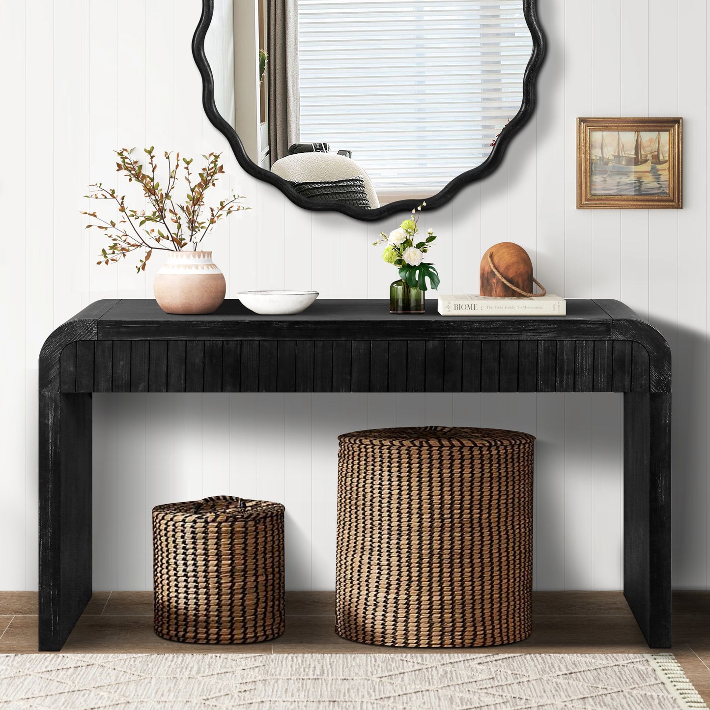 59 Vintage Crafted Entryway Table,Two Hidden Handle Drawers,Farmhouse Console Table ,Easy Assembly, For Entrance & Dinning Room & Living Room & Hallway Antique Black