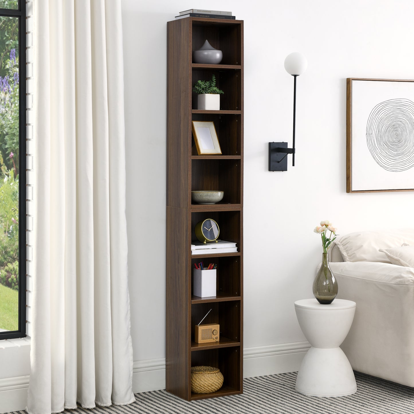 8-Tier Media Tower Rack, CD DVD Slim Storage Cabinet With Adjustable Shelves, Tall Narrow Bookcase Display Bookshelf For Home Office,Multi-functional Double-decker Bookcase