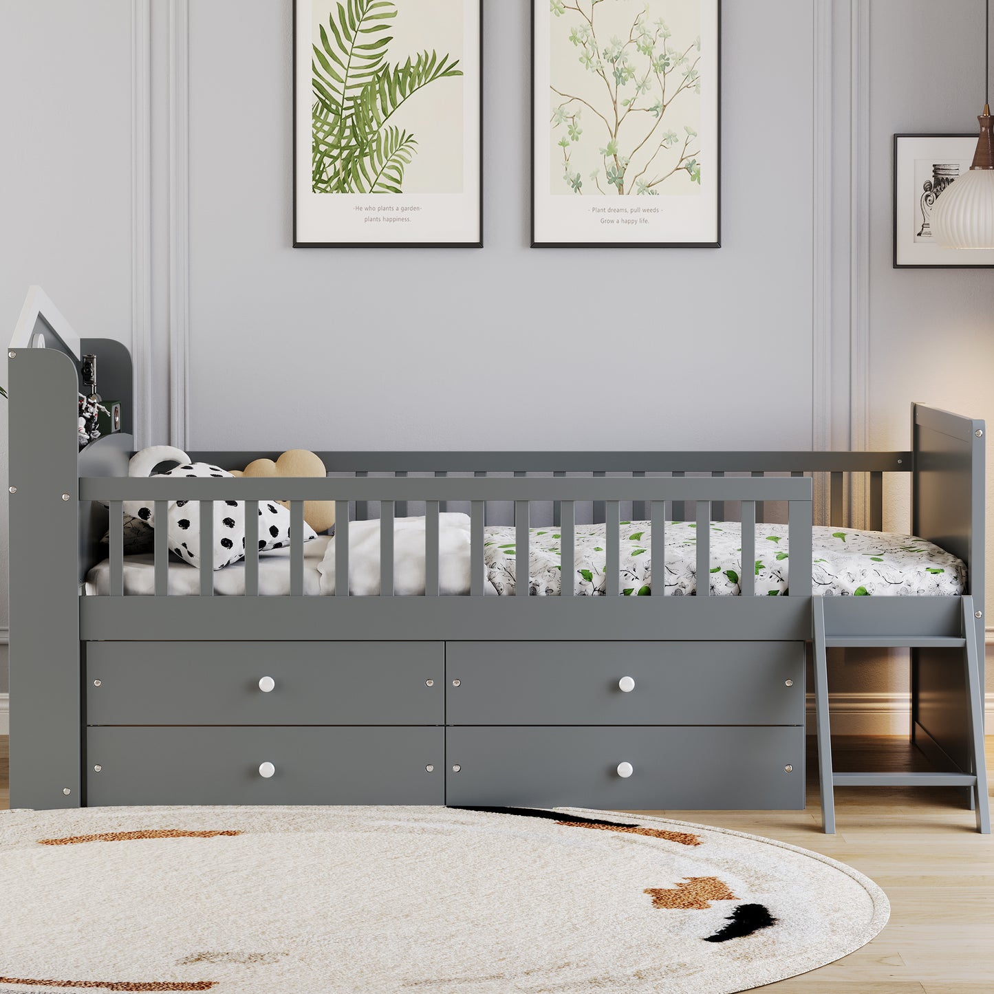 Twin Bed Frame With Storage 4 Drawers,Wooden Bed Frame For Kids,Platform Twin Size Bed With Guardrail Headboard And Ladder, No Box Spring Needed, Easy Assembly, Gray