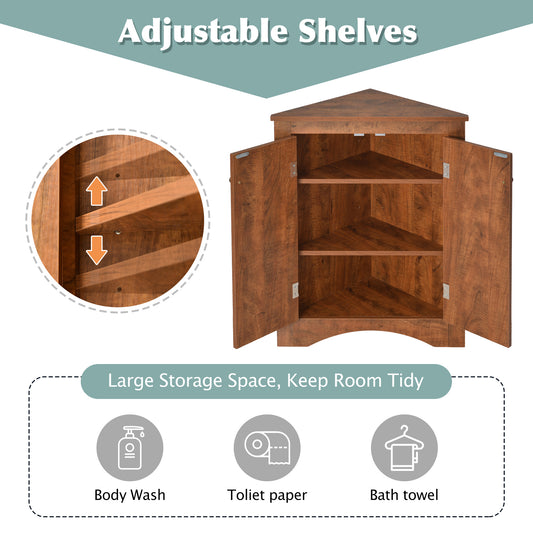 Brown Triangle Bathroom Storage Cabinet With Adjustable Shelves, Freestanding Floor Cabinet For Home Kitchen