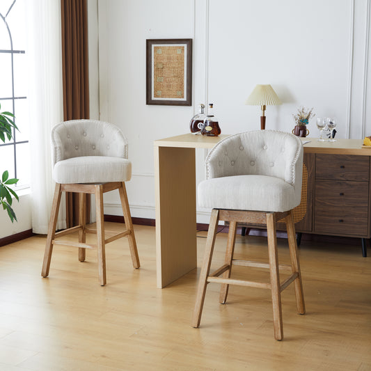 33.25 Swivel Counter Stools Set Of 2, Upholstered Counter Height Bar Stools With Solid Rubber Wood Frame, Backrest, Footrest, Armless Barstools For Home Bar, Kitchen Counter, Natural   Beige