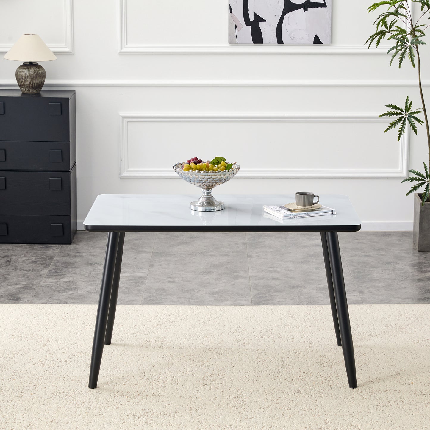 Modern Minimalist Rectangular Dining Table,suitable For 4-6 People.Tempered Glass Countertop Lower MDF Board,imitation Marble Texture,black Metal Tapered Legs.Suitable For Minimalist Restaurants