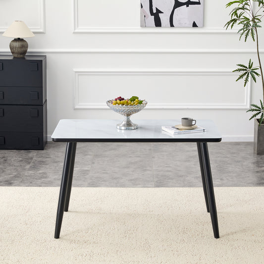 Modern Minimalist Rectangular Dining Table,suitable For 4-6 People.Tempered Glass Countertop Lower MDF Board,imitation Marble Texture,black Metal Tapered Legs.Suitable For Minimalist Restaurants