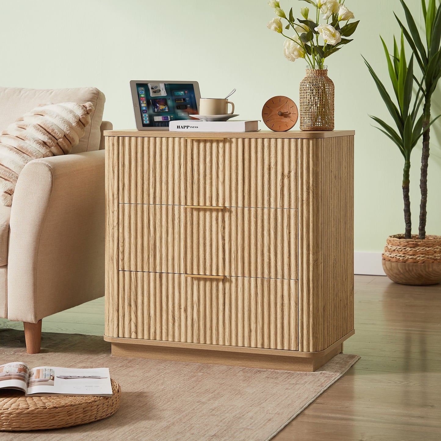 3 Drawers Drasser 2PCS, 27.6'' Wide Modern Chest Of Drawers Curved Wave Design,Nightstand,Wood Drawer Organizer For Bedroom, Living Room, Hallway, Oak,27.6''W X 15.8''D X 27.4''H.