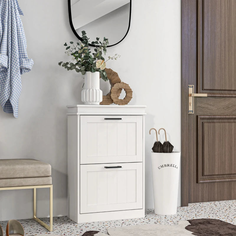 Modern Shoe Storage Cabinet With 2 Flip Drawers For 10 Pairs, Narrow Shoe Organizer For Entryway, Hallway, White