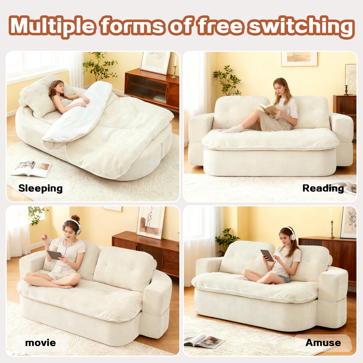 Modern Floor Sofa With 2 Pillows,Convertible Chenille Fabric Foam-Filled Sleeper Sofa Bed, No Assembly Required,Convertible Sofa Cushion Unfolds Into Quilt,Folding Mattress For Living Room,Playroom