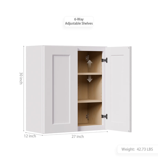 White Shaker Solid Wood Wall Cabinet With Soft-Close Doors, Adjustable Shelves - 27  Double Door Storage For Kitchen, Bathroom, Laundry, Garage  Easy Assembly, 27 W X 12 D X 30 H