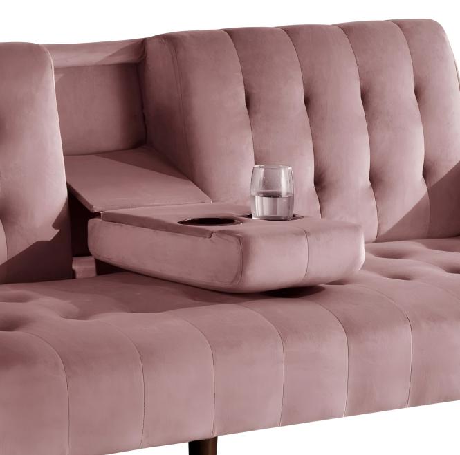 72   Sleeper Sofa Bed - Convertible Folding Backrest To Full Bed With Cup Holder & Drop-Down Table - Space Saving Linen Sofa For Small Spaces - Easy Assembly, Pink