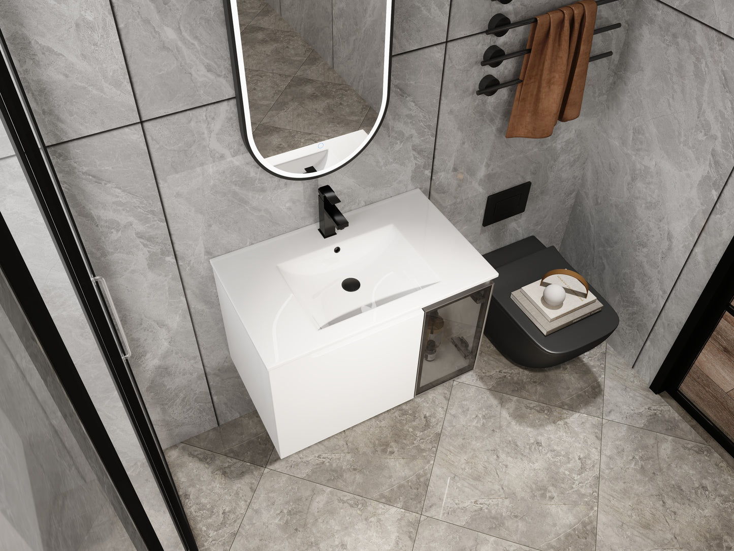 30  Wall-Mounted Bathroom Vanity With Ceramic Sink, 2-Soft Close Doors,Glossy White Vanity & Grey Glass 1 2 Door, Plywood  KD-Packing