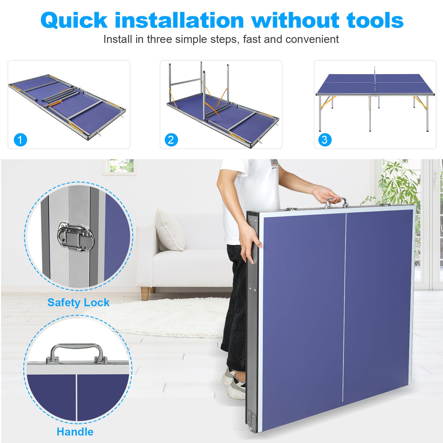 6ft Blue Mid-Size Table Tennis Table Foldable & Portable Ping Pong Table Set For Indoor & Outdoor Games With Net, 2 Table Tennis Paddles And 3 Balls