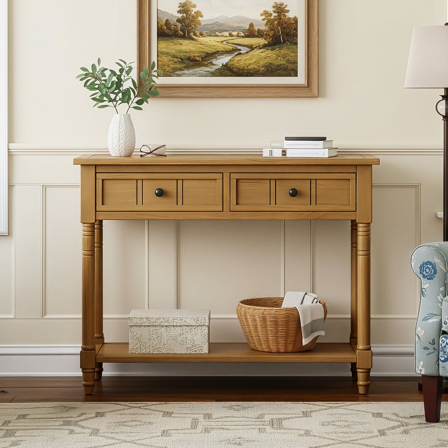 TREXM Daisy Series Console Table Traditional Design With Two Drawers And Bottom Shelf  Natural