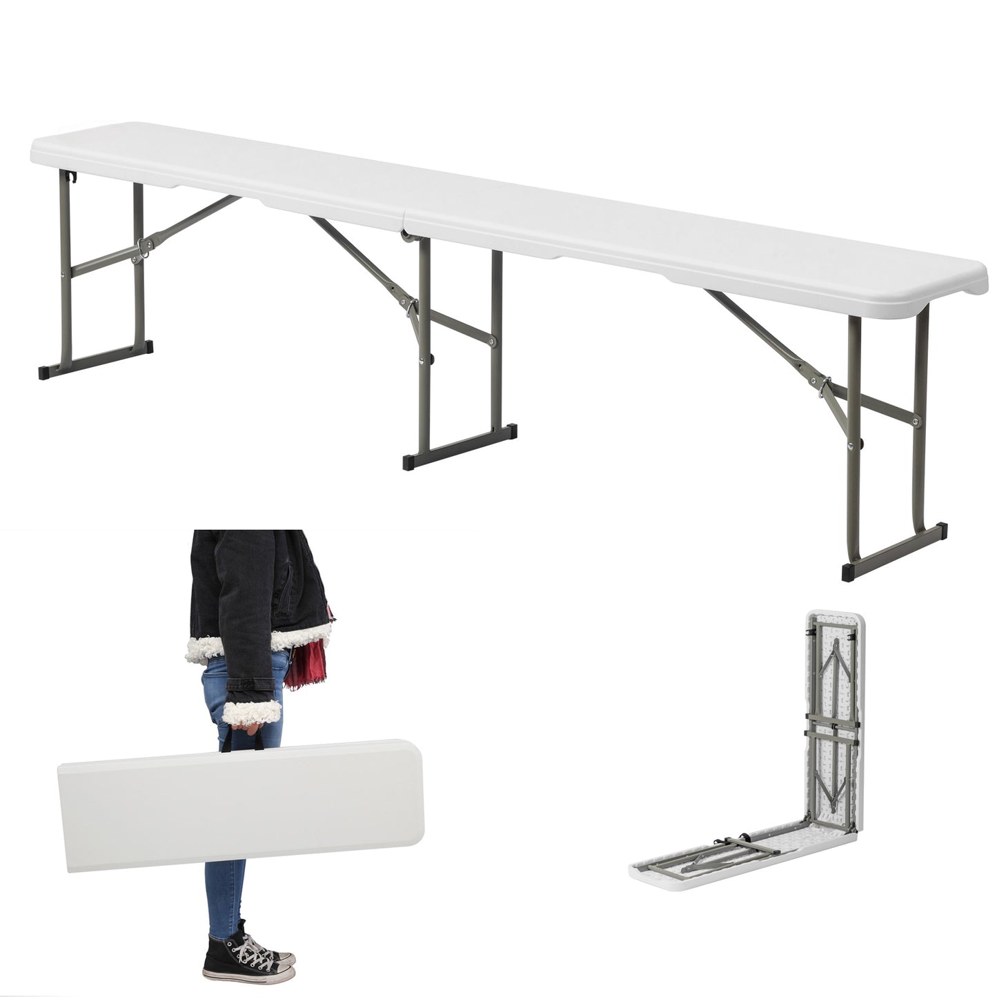 6 Foot Fold In Half,Portable Folding Bench, Powder Coated Steel Frame, Lightweight, Stain Resistant, Non Marring Foot Caps, Indoor Outdoor Portable Seating