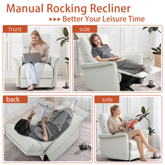 Manual Rocker Recliner Chair For Adults,Rocking Glider Recliner For Small Spaces,PU Leather Rocking Chair For Nursery,Single Sofa Recliner For Home Theater Living Room Bedroom   PU Light Gray