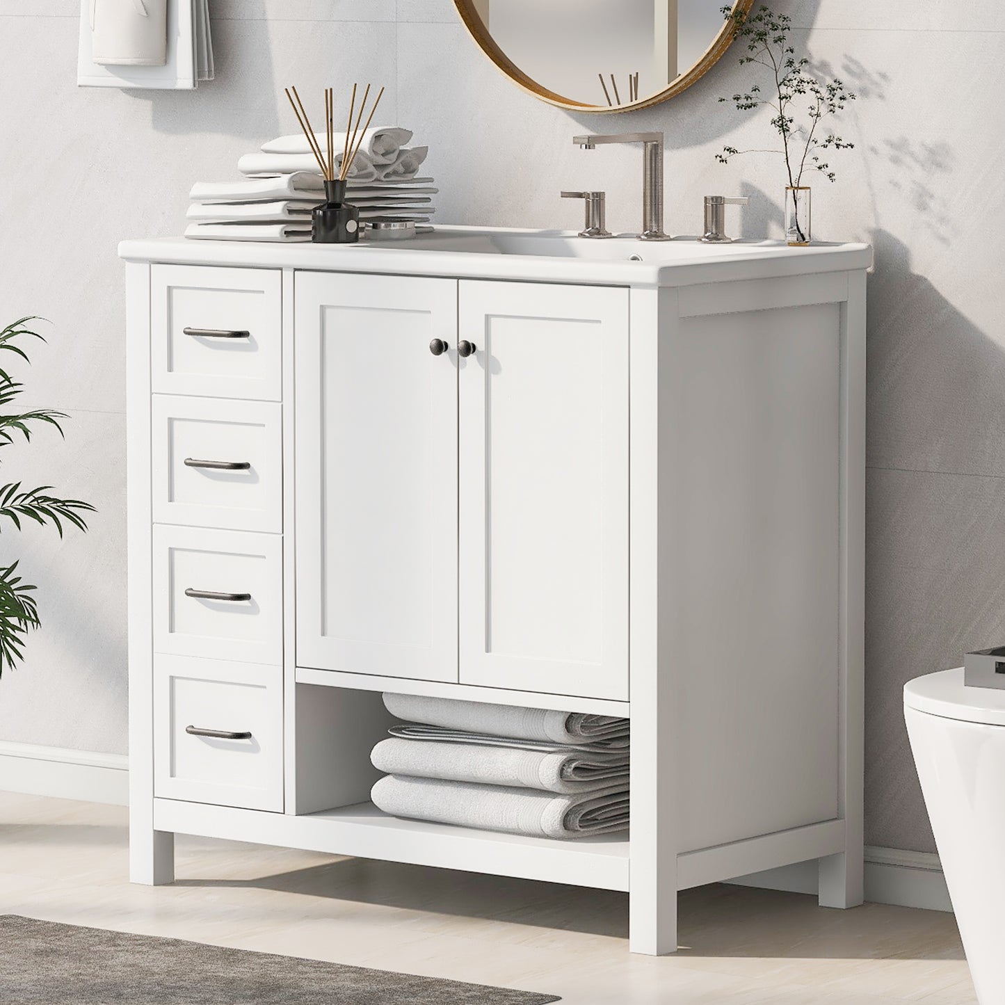 36  Bathroom Vanity With Sink Top, Bathroom Vanity Cabinet With Two Doors And Two Drawers, Solid Wood, Open Shelf, MDF Boards, Two Packages, White  Old Sku N725P245278K N725P364203K