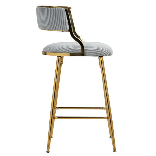 SET OF 2,26'' Counter Height Bar Stools Corduroy Kitchen Island Counter Bar Stool With Back,golden Chromed Base And Footrest (GREY)
