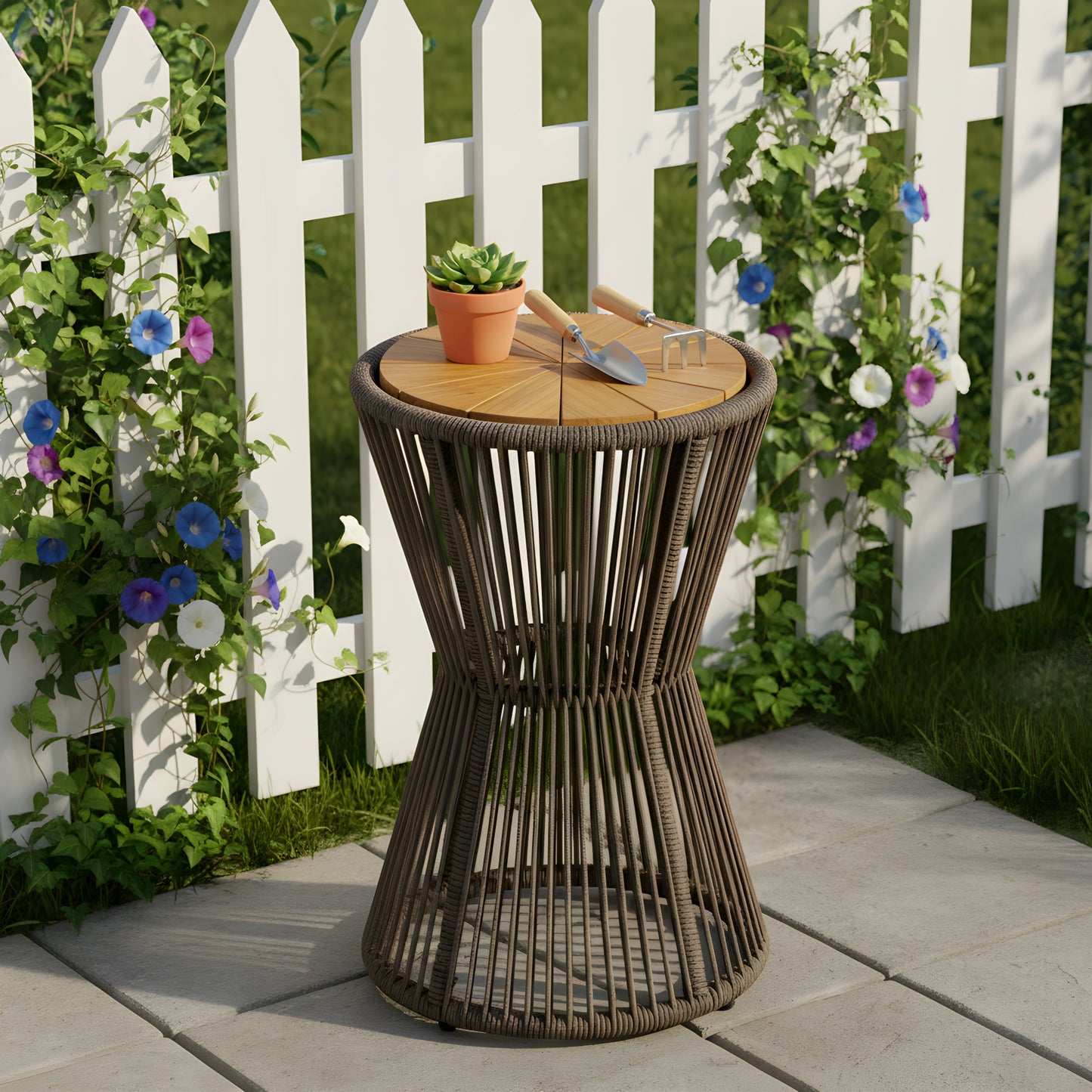 Outdoor Side Table, Dark Grey Rope And Acacia Wood, 25.80  Height, 16.14  Diameter, Elegant Long Hourglass Design, Weather Resistant, For Patio, Deck, Garden, Balcony, Modern Minimalist Style