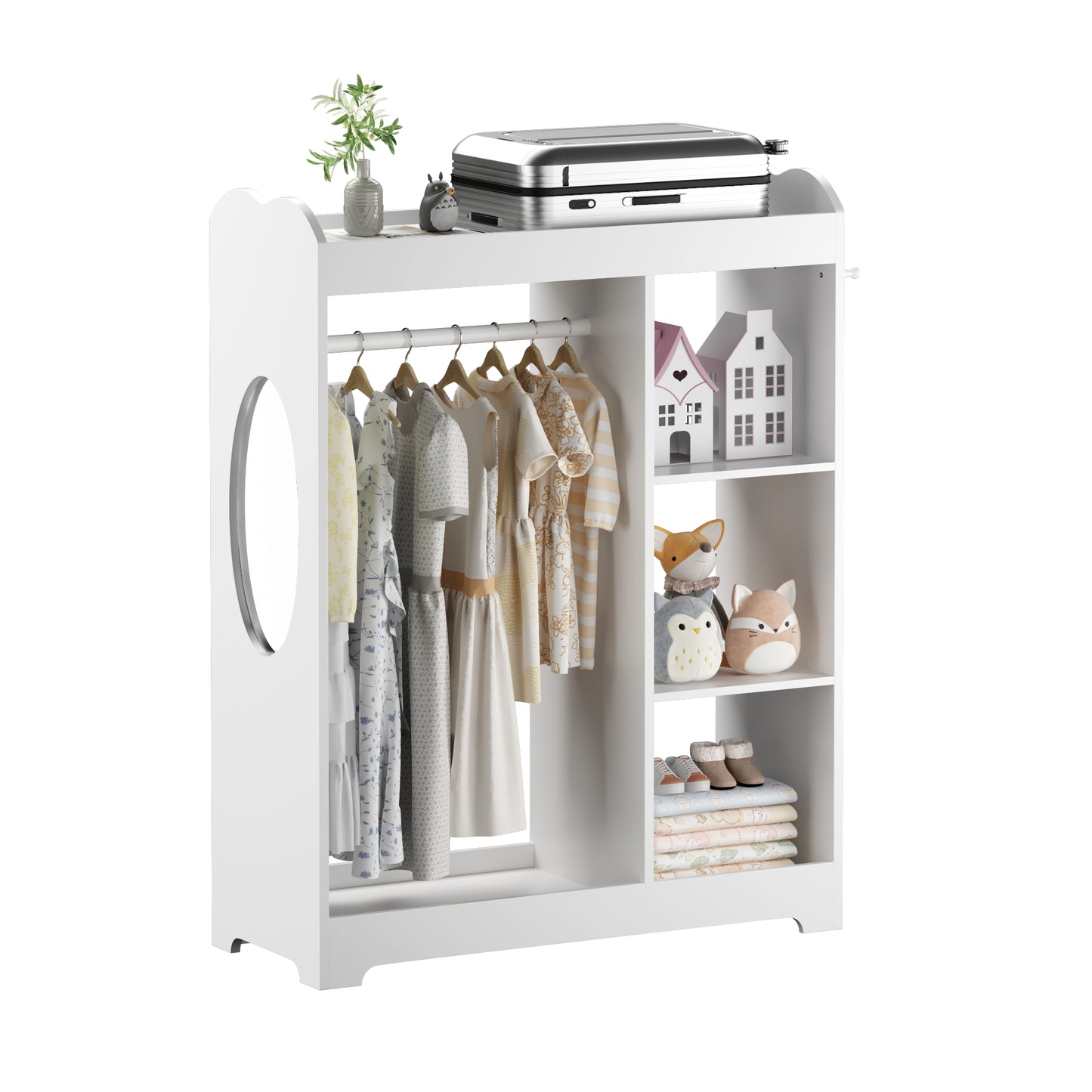 Kids Dress Up Storage With Mirror And Hooks, Wooden Dress Up Clothes Rack With Hanging Rod, 3 Side Hooks, Storage Shelves And Top Shelf, Toddler Costume Organizer For Playroom Bedroom Nursery  White