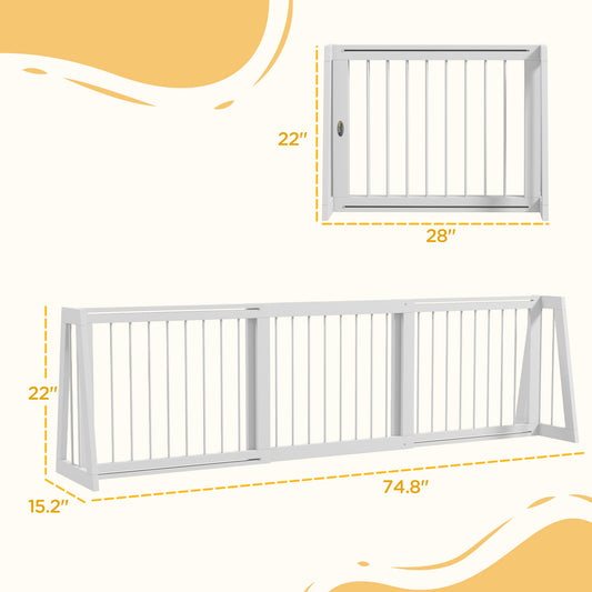 28"-75" Freestanding Wooden Pet Gate With Support Feet & Non-Slip Mats For Indoor, Stairway, Doorway, White