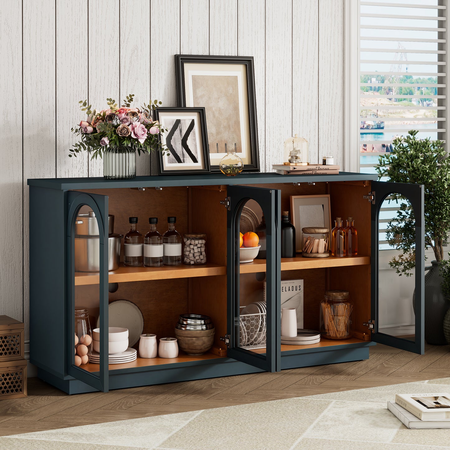 TREXM 4-Door Large Storage Buffet Cabinet With Glass Doors  Arched Cabinet With Adjustable Shelves For Kitchen  Dining Room And Living Room  Navy