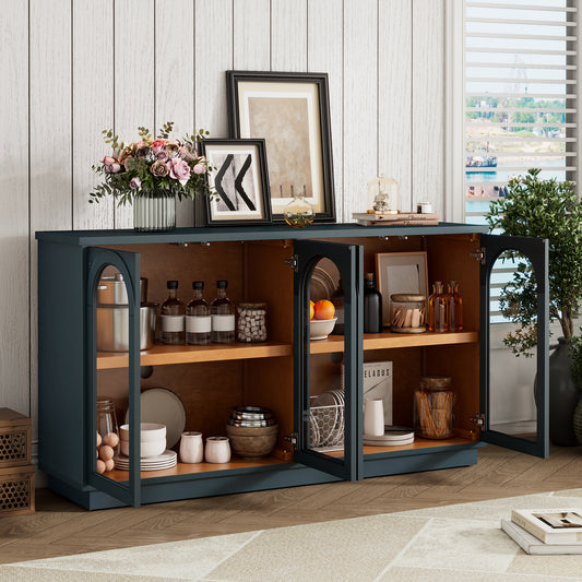 TREXM 4-Door Large Storage Buffet Cabinet With Glass Doors  Arched Cabinet With Adjustable Shelves For Kitchen  Dining Room And Living Room  Navy