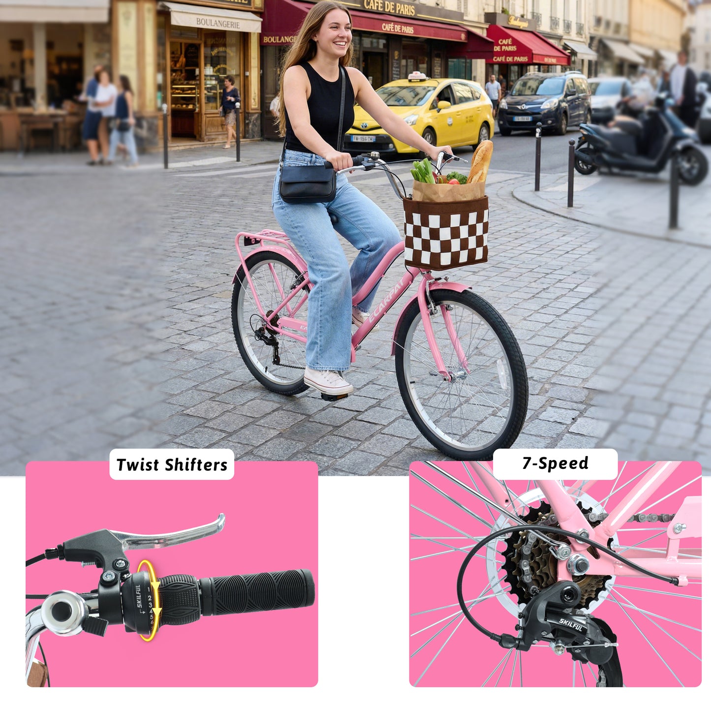26 Inch 7-Speed City Commuter Bike With Lock & Detachable Basket High-Tensile Steel Frame, Lightweight Alloy Wheels & V-Brakes Multiple Colors For Urban Riding