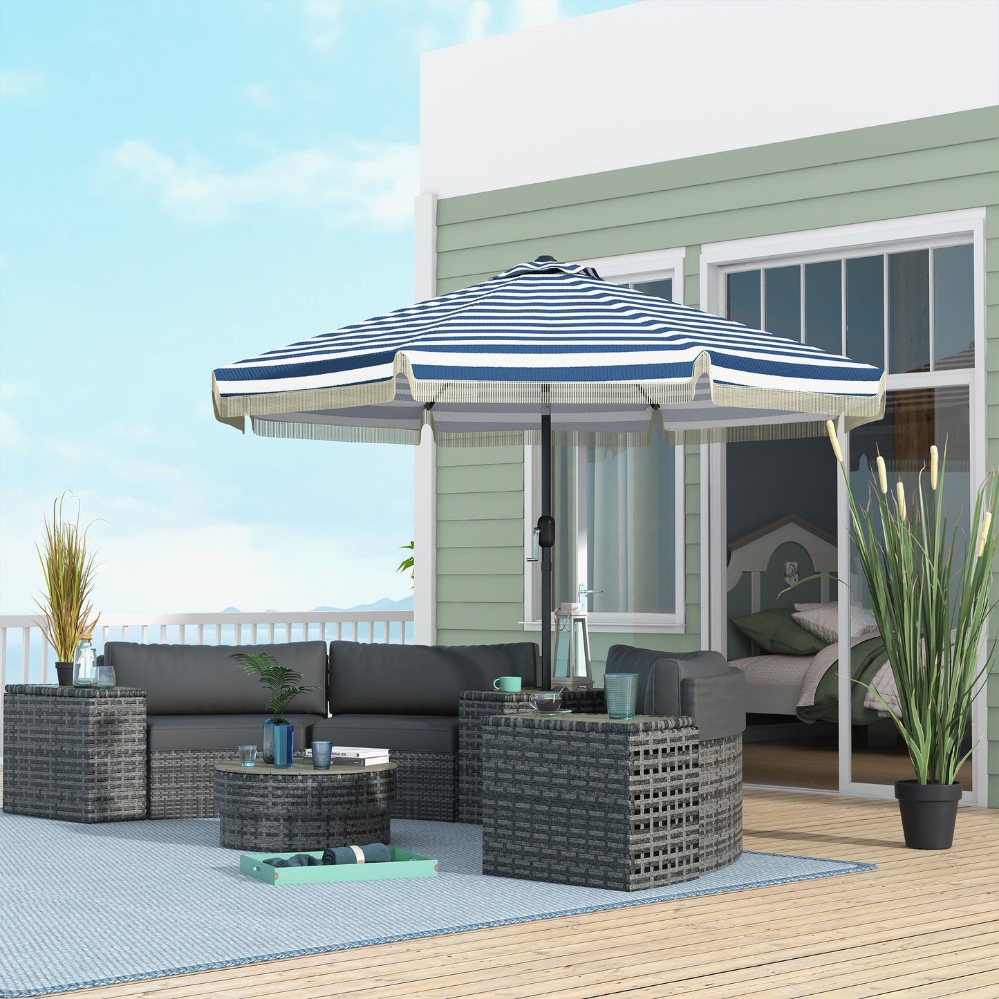 9ft Patio Umbrella Outdoor Table Umbrella W/ Tilt, Crank, Ruffled, 8 Ribs For Garden, Deck, Pool, Blue Stripe