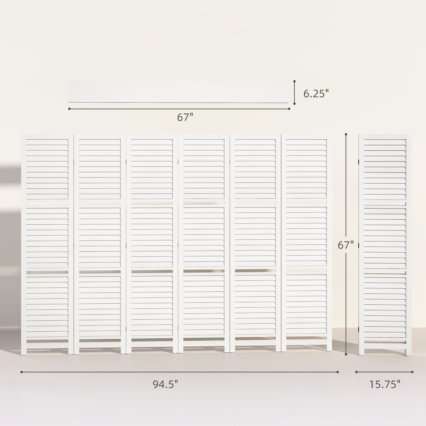 6 Panel 67" Tall Wood Privacy Screen Room Divider With 3 Shelves And Folding Storage For Bedroom, White