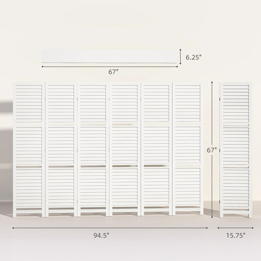 6 Panel 67" Tall Wood Privacy Screen Room Divider With 3 Shelves And Folding Storage For Bedroom, White