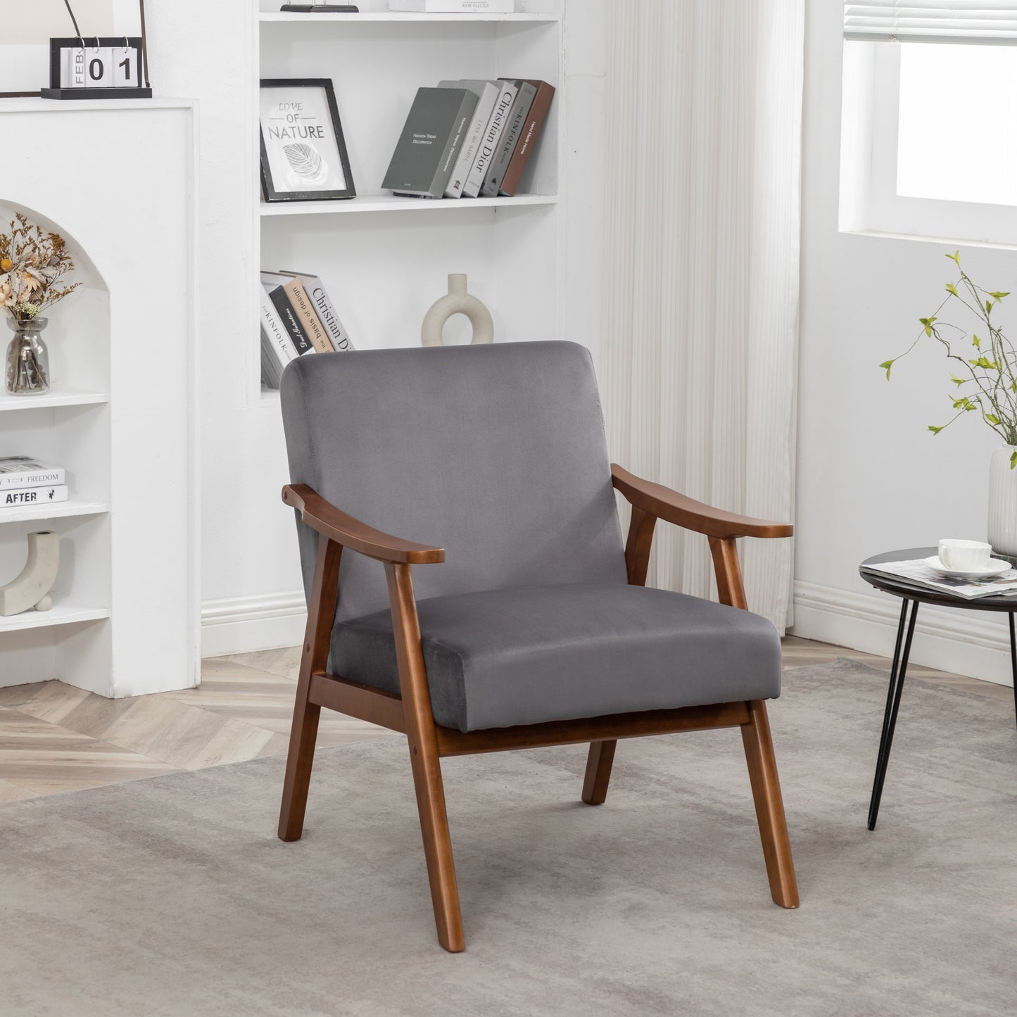 Accent Chair With Velvet Upholstery And Solid Wood Frame, Classic Mid-Century Modern Living Room Furniture For Extra Seating, Grey
